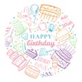 Round composition with stylized birthday elements. Cakes, wishes and decorations